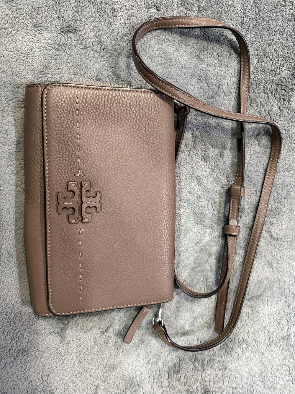 Tory Burch Taupe Pebbled Leather Crossbody Bag